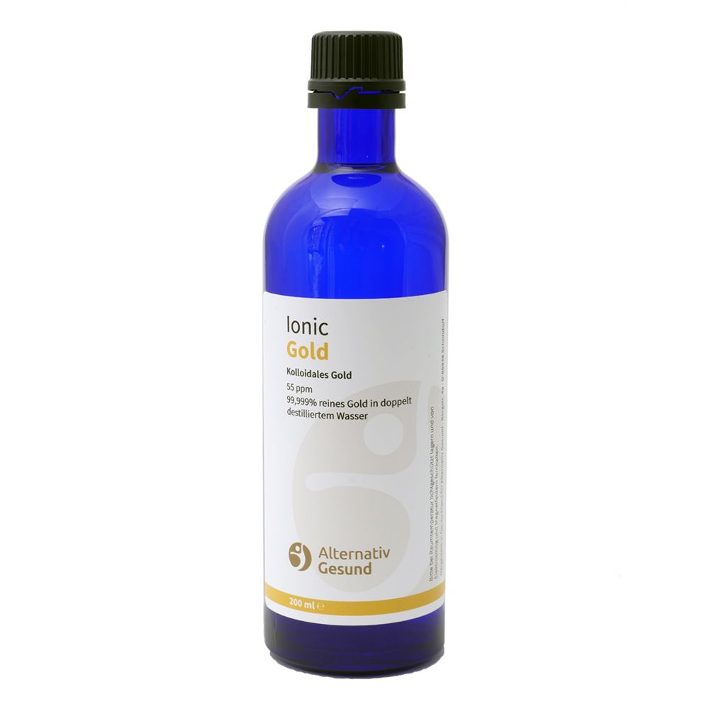 Blaue Glasflasche mit schwarzem Deckel. Aufkleber mit Produktinformationen: Ionic Gold, Kolloidales Gold, Alternativ Gesund.