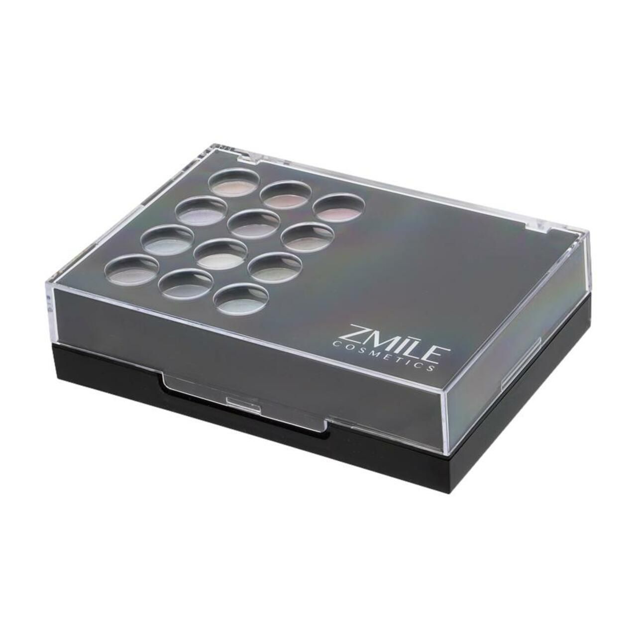 Geschlossener Kosmetik-Koffer mit 15 Lidschatten-Farben. Marke: ZMILE cosmetics. Schwarzer Koffer mit transparentem Deckel.