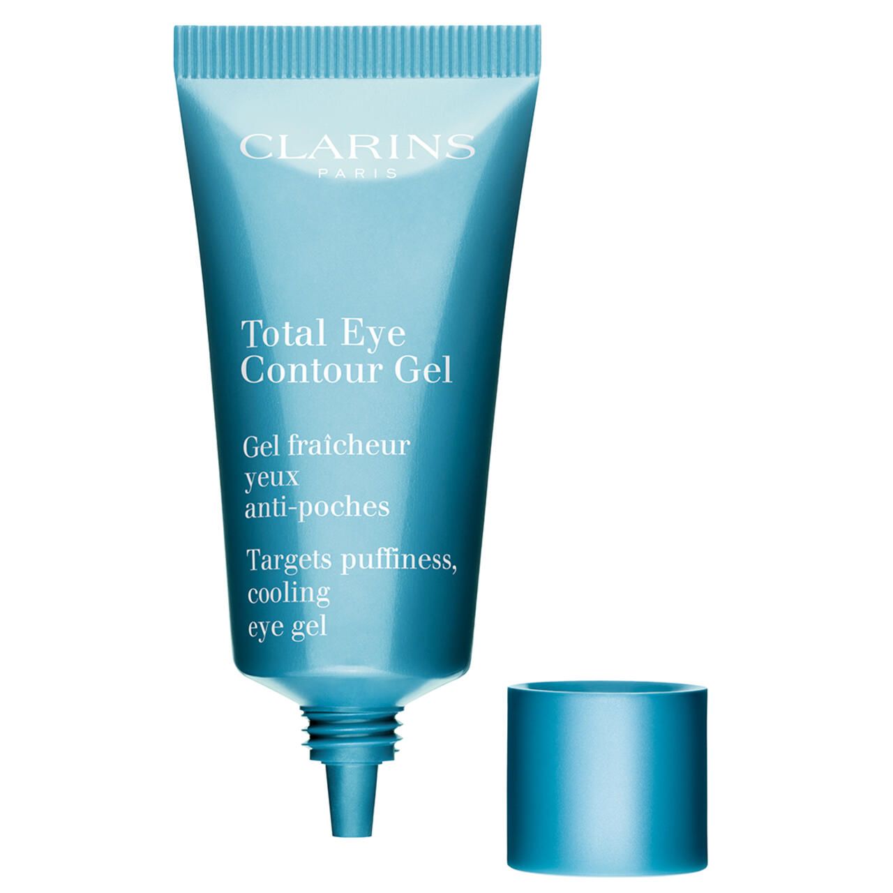 Türkisfarbene Tube, Kappe daneben. Produktname und Text sichtbar. Marke Clarins. "Total Eye Contour Gel".