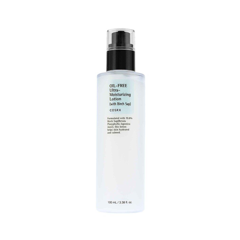 Weiße Flasche mit schwarzem Pumpverschluss. Aufschrift: Oil-Free Ultra-Moisturizing Lotion (with Birch Sap).