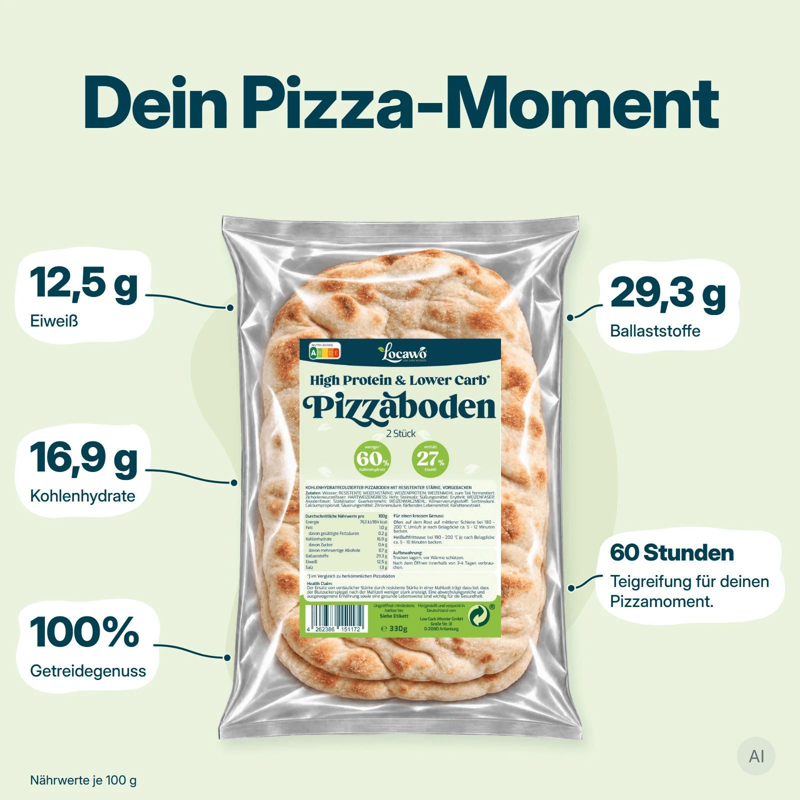 Vier rechteckige Pizzen mit verschiedenen Belägen, arrangiert auf einem Holztisch.
