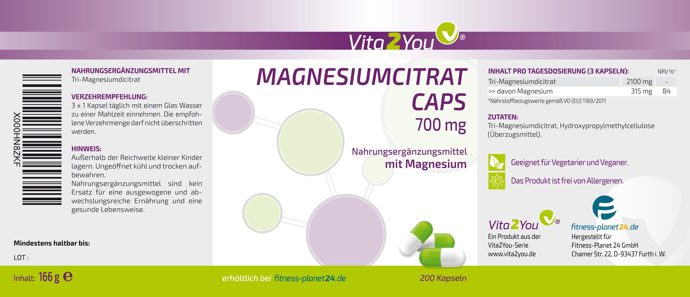 Etikett Vita2You Magnesiumcitrat Kapseln, 700 mg. Text: Nahrungsergänzungsmittel mit Magnesium. Geeignet für Vegetarier und Veganer.