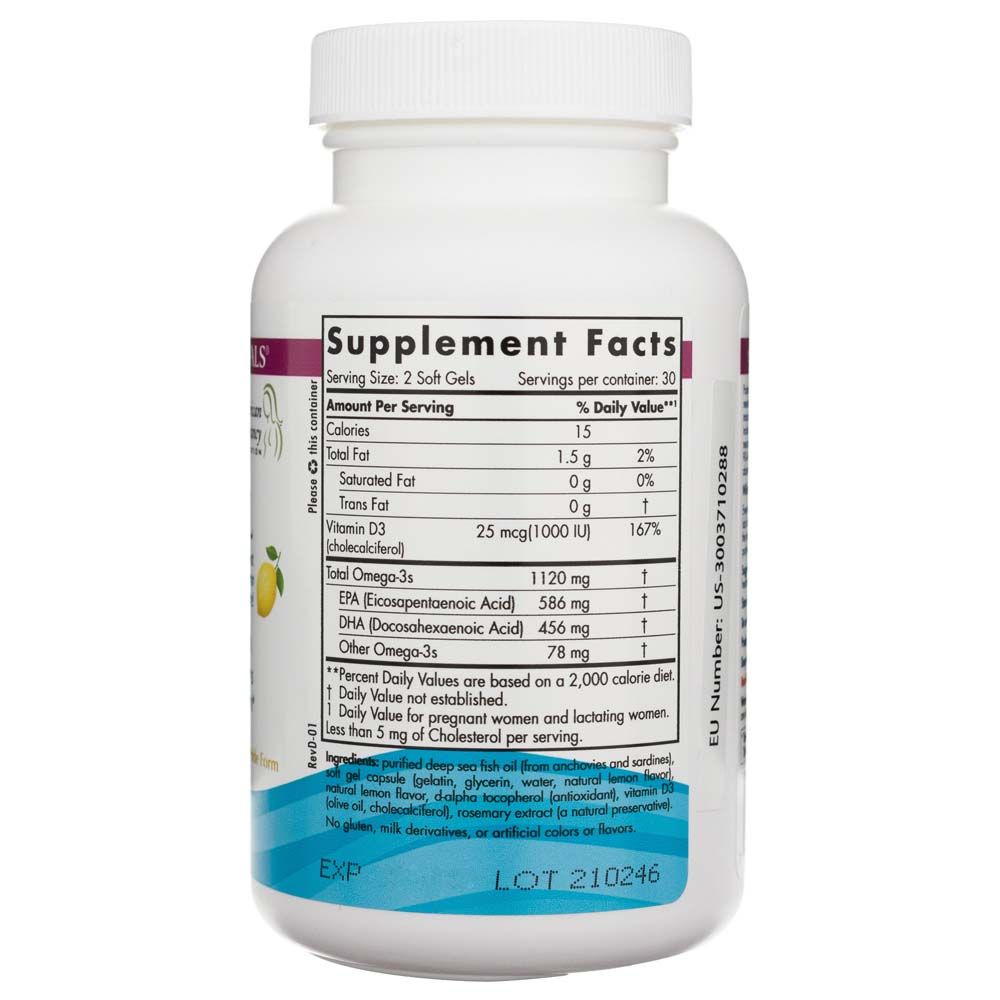 Nordic Naturals Postnatal Omega-3 Flaschenrückseite: Nährwertangaben, Inhaltsstoffe, Chargennummer.