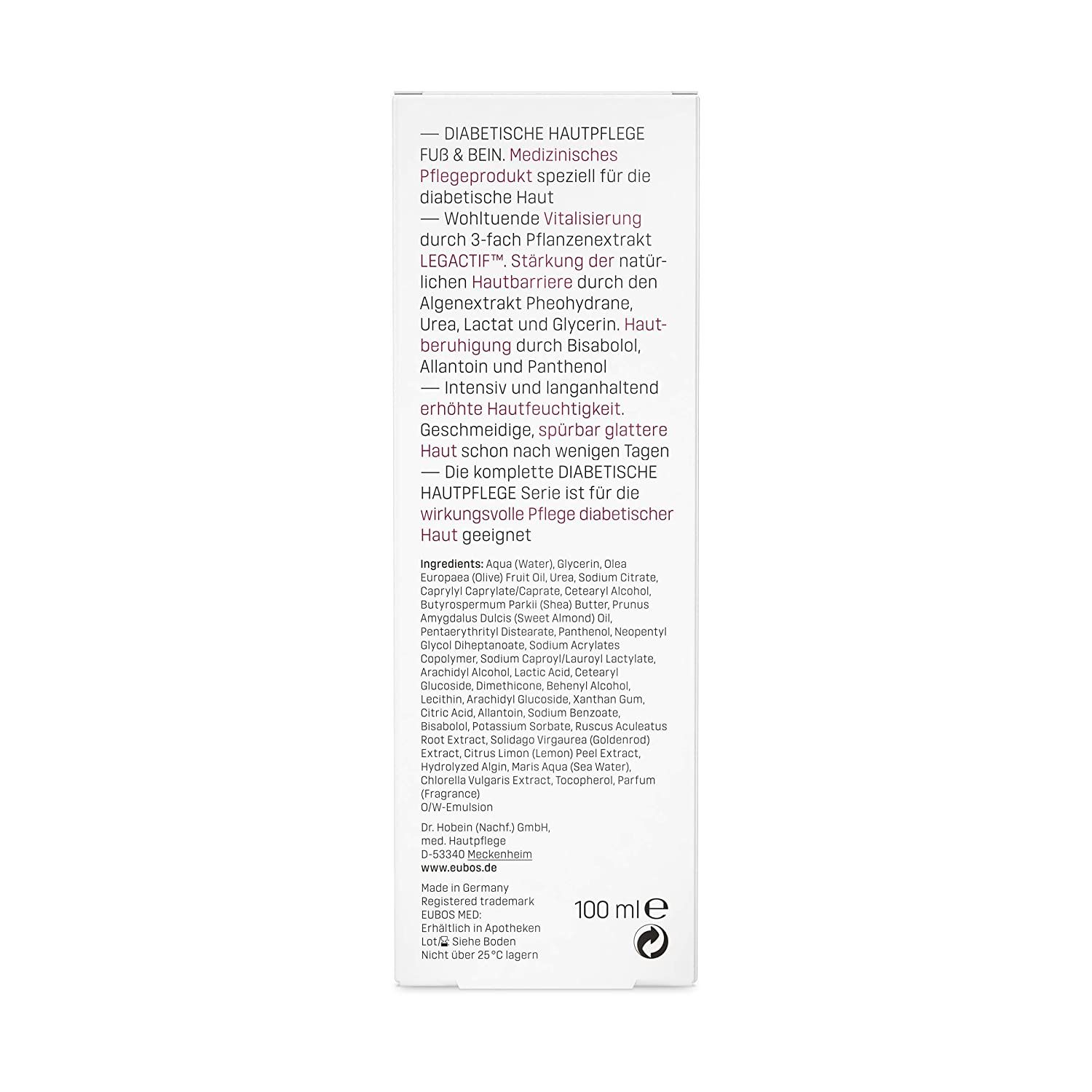 Eubos DIABETISCHE HAUT PFLEGE Fuß & Bein. Verpackung. Text: Inhaltsstoffe, 100 ml. Medizinische Hautpflege.