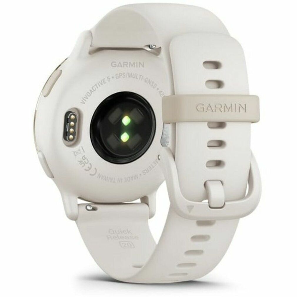 Garmin v?voactive 5 Creme Gold. Rückseite der Smartwatch. Weißes Armband, Sensor, Ladekontakte und Markierungen.