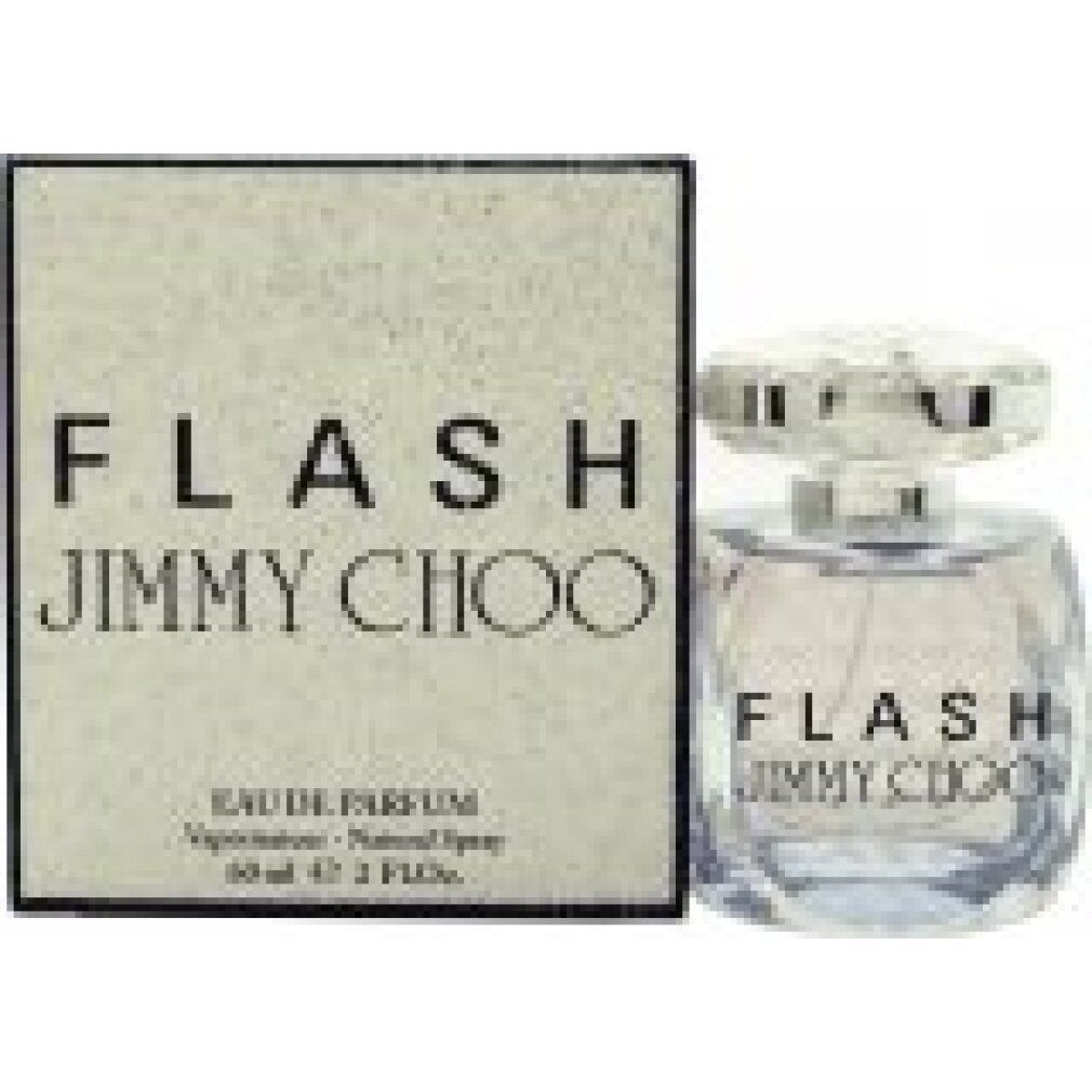 Parfümflakon und Schachtel. Aufschrift: FLASH JIMMY CHOO. Text: Eau de Parfum, Natural Spray, 60 ml, 2 FL.OZ. Flakon mit Facettenmuster.
