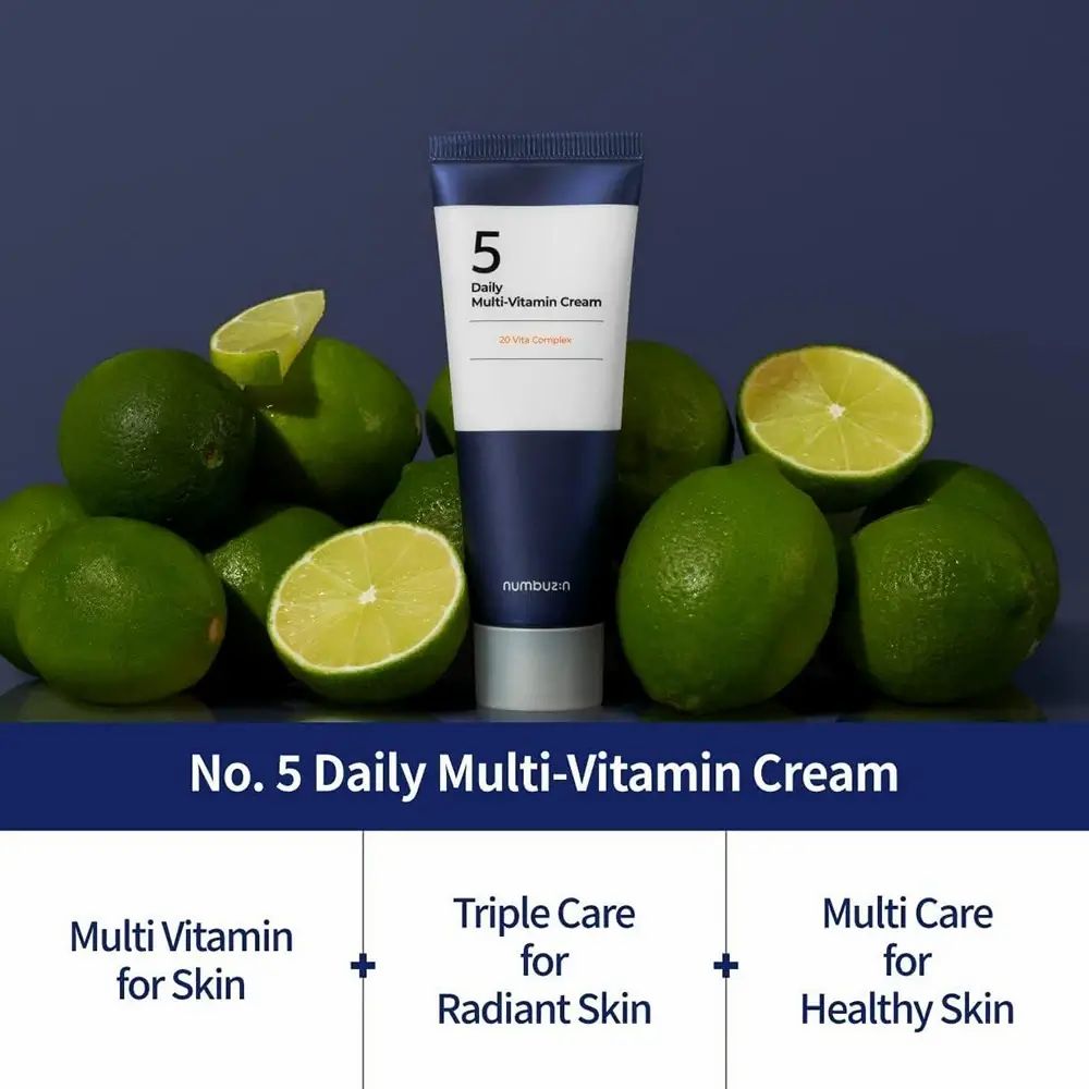 Creme-Tube mit Limetten. Aufschrift: No. 5 Daily Multi-Vitamin Cream. Text: Multi Vitamin for Skin, Triple Care for Radiant Skin, Multi Care for Healthy Skin.