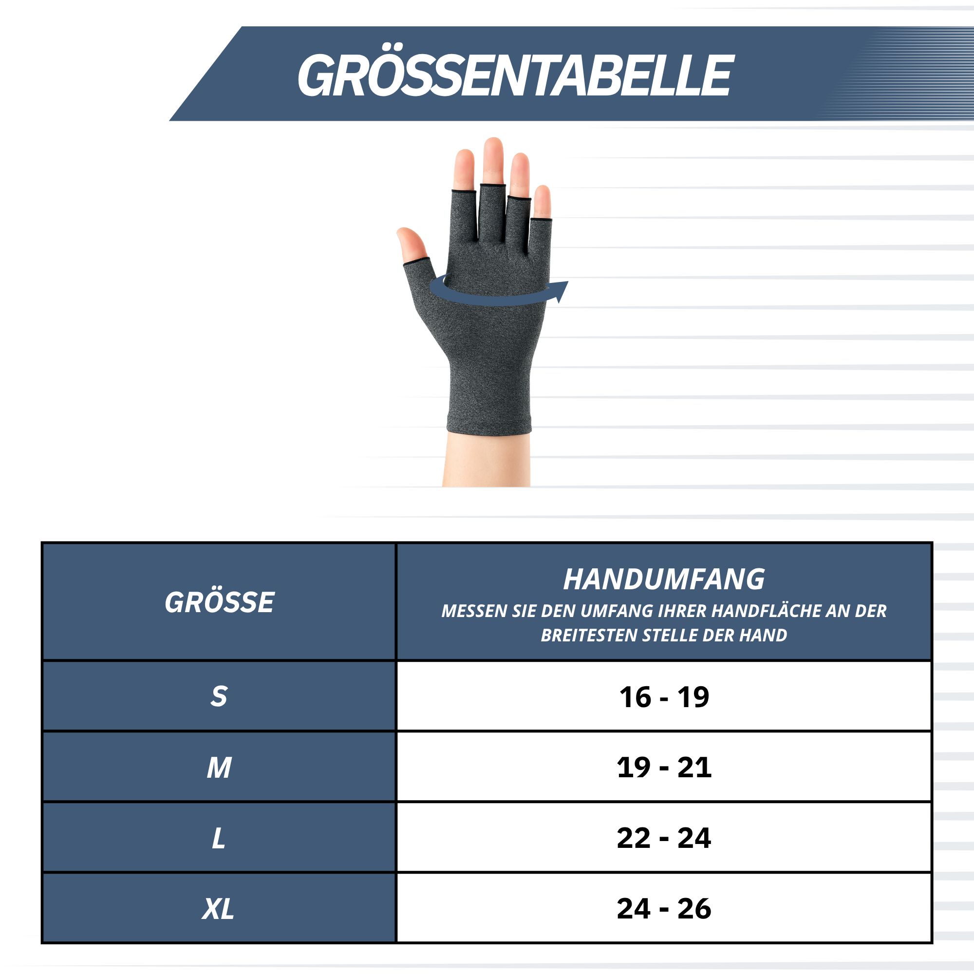 Größentabelle für Kompressionshandschuhe mit Handumfangangaben von S bis XL.