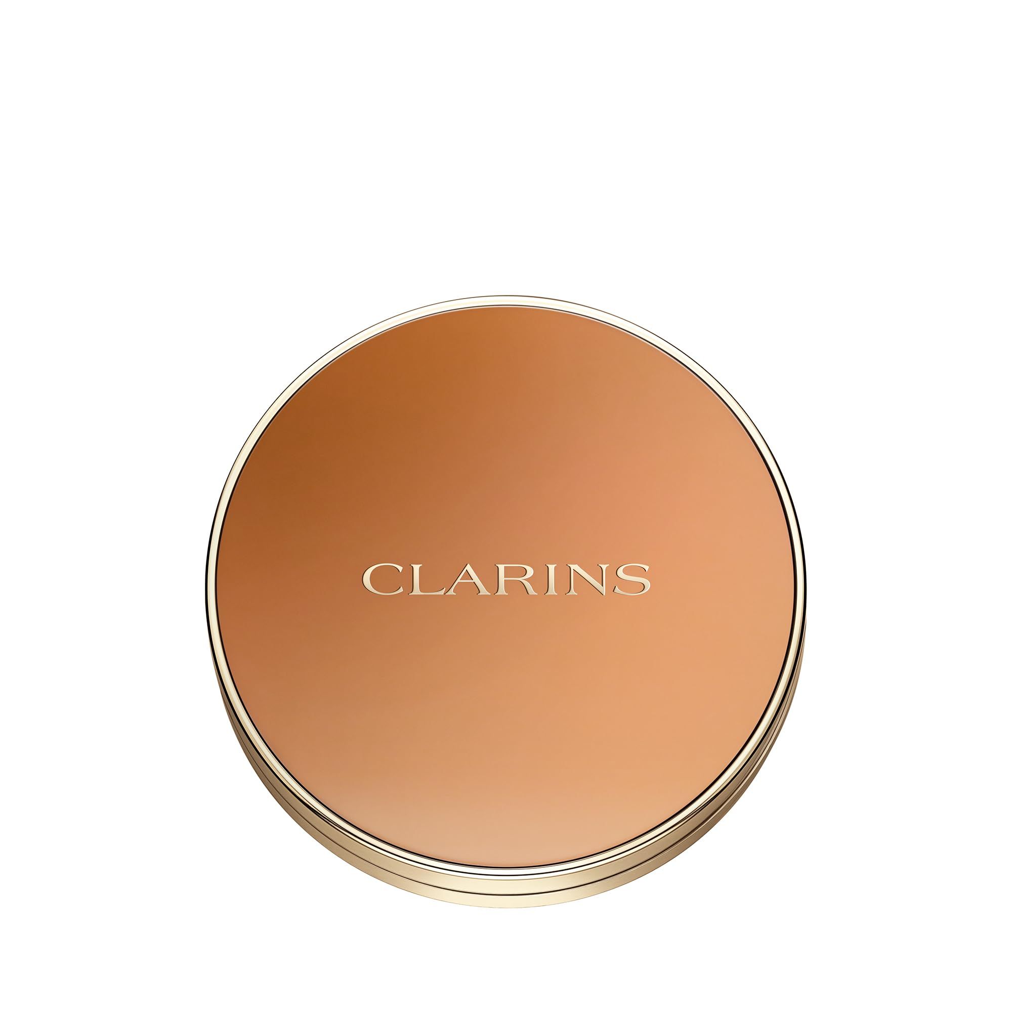 Runder Bronzer-Kompaktpuder mit Deckel. Deckel und Puder in Braun- und Goldtönen. Marke Clarins.