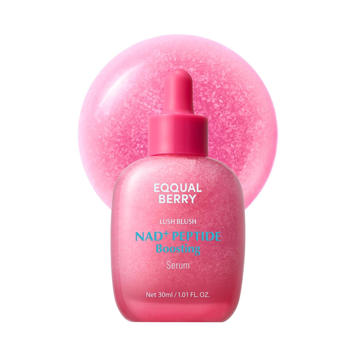 Pinke Serumflasche mit Pipette, 30ml. Beschriftung: EQQUAL BERRY NAD+ PEPTIDE Boosting Serum.