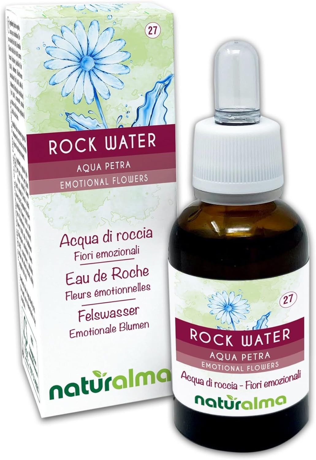 Braune Glasflasche mit weißem Verschluss und Tropfer. Daneben eine Schachtel mit Produktinformationen und floralem Design. Aufschrift: Rock Water.