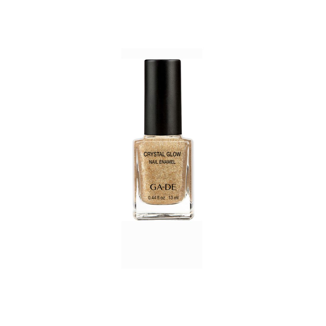 Ga-De Crystal Glow Nagellack. Goldfarbener Nagellack in einer quadratischen Glasflasche mit schwarzem Deckel. Beschriftung: Crystal Glow, Nail Enamel, Ga-De.