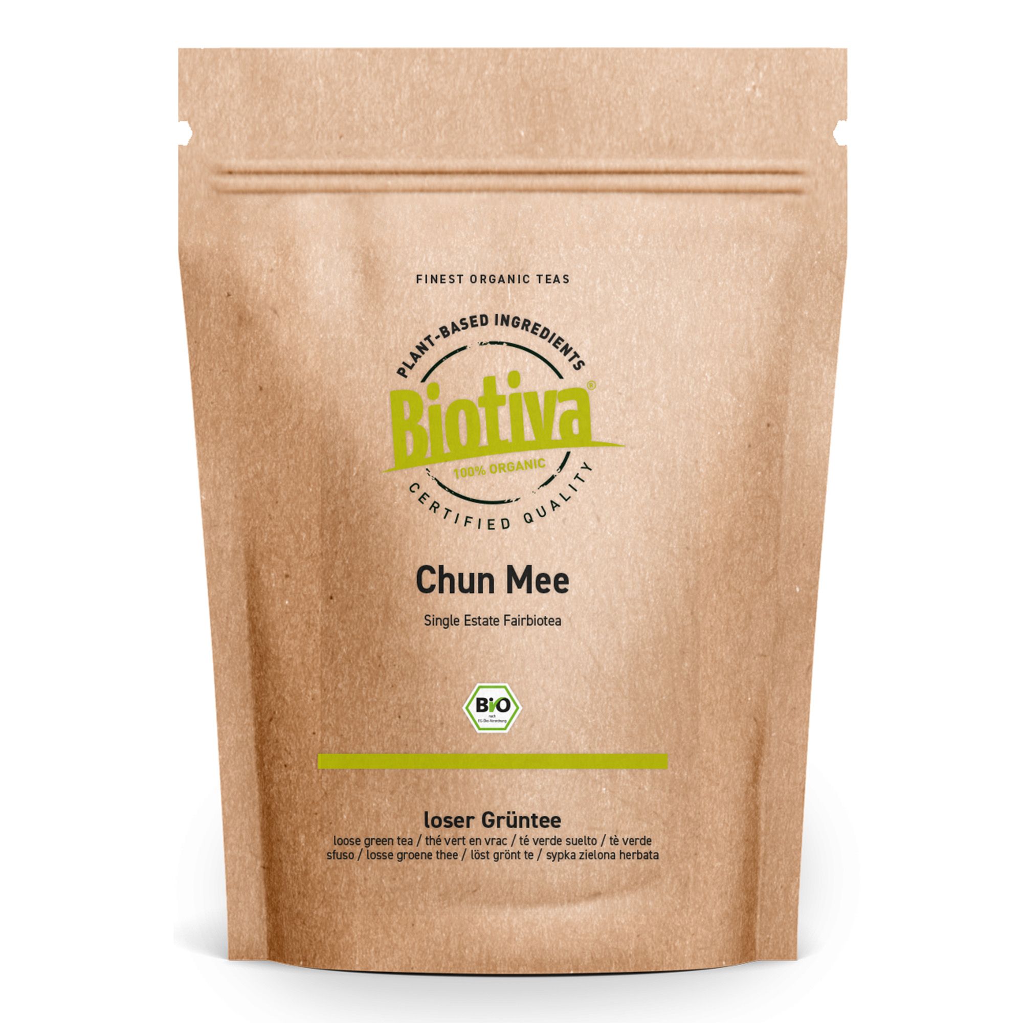 Beutel mit Biotiva Grüntee Chun Mee Bio. Braune Papierverpackung mit Logo, Schriftzug und Bio-Siegel. Loser Grüntee.