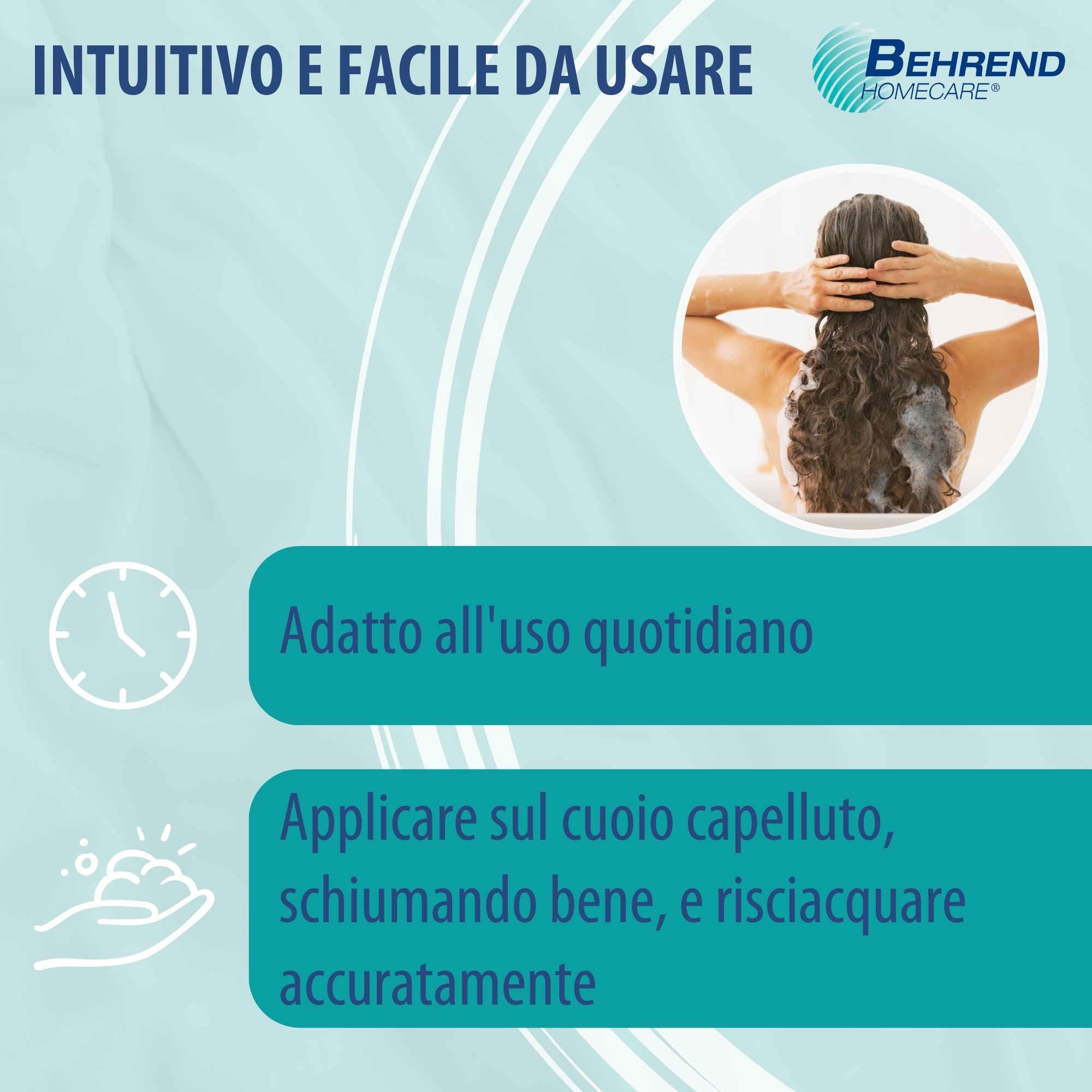 Pubblicità per lo shampoo minerale Behrend Homecare. Testo: Per l'uso quotidiano. Applicare sul cuoio capelluto, insaponare e risciacquare. Logo.
