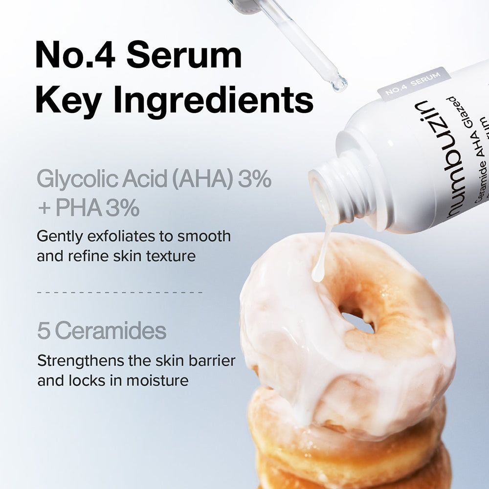 Numbuzin Nr.4 Serum Inhaltsstoffe: Tropfen aus Pipette auf Donuts. Text "Glycolic Acid (AHA) 3% + PHA 3%", "5 Ceramides".