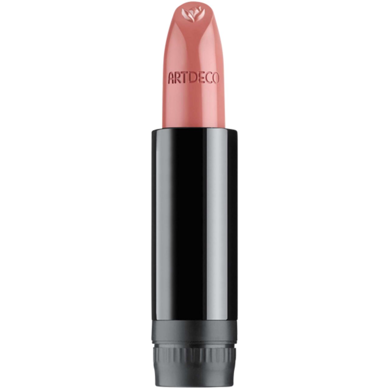 Lippenstift-Refill. Rosa Lippenstift mit schwarzem Gehäuse. Marke: Artdeco. Blütenmuster auf der Spitze.
