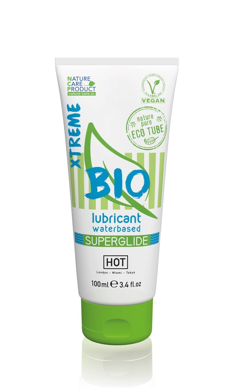 Weiße Tube mit grünem Deckel. Aufschrift BIO, SUPERGLIDE, HOT. Vegan-Siegel. 100ml.