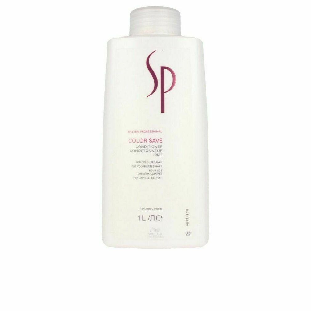 Weiße Flasche mit lila SP-Logo und Text: Color Save Conditioner. 1L-Flasche für coloriertes Haar.