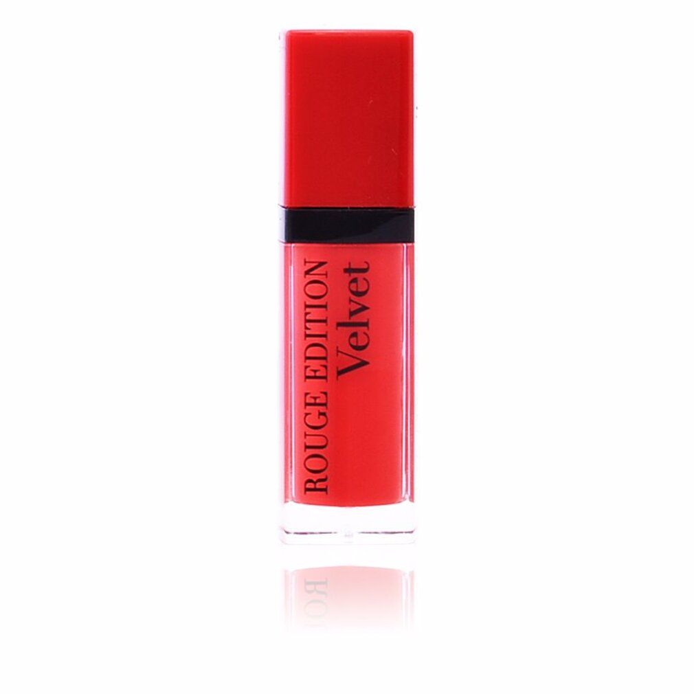 Roter Lippenstift mit roter Kappe. Aufschrift: Rouge Edition Velvet. Eckige Form.