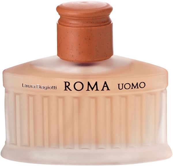 Schwarze Schachtel mit Marmormuster. Aufschrift: Laura Biagiotti Roma Uomo. Eau de toilette.