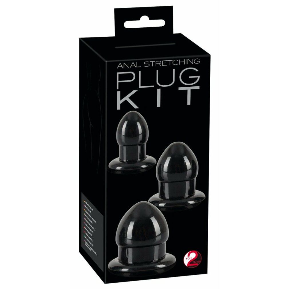 Schwarzes Set aus drei analen Dehnungs-Plug-Kits in einer schwarzen Box. Text: ANAL STRETCHING PLUG KIT.