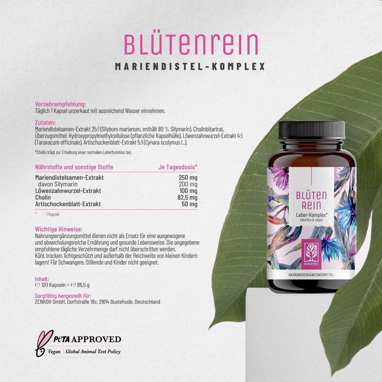 Komplex mit Mariendistel (Silymarin), Artischocke, Löwenzahn und Cholin - Blütenrein - NATURTREU®