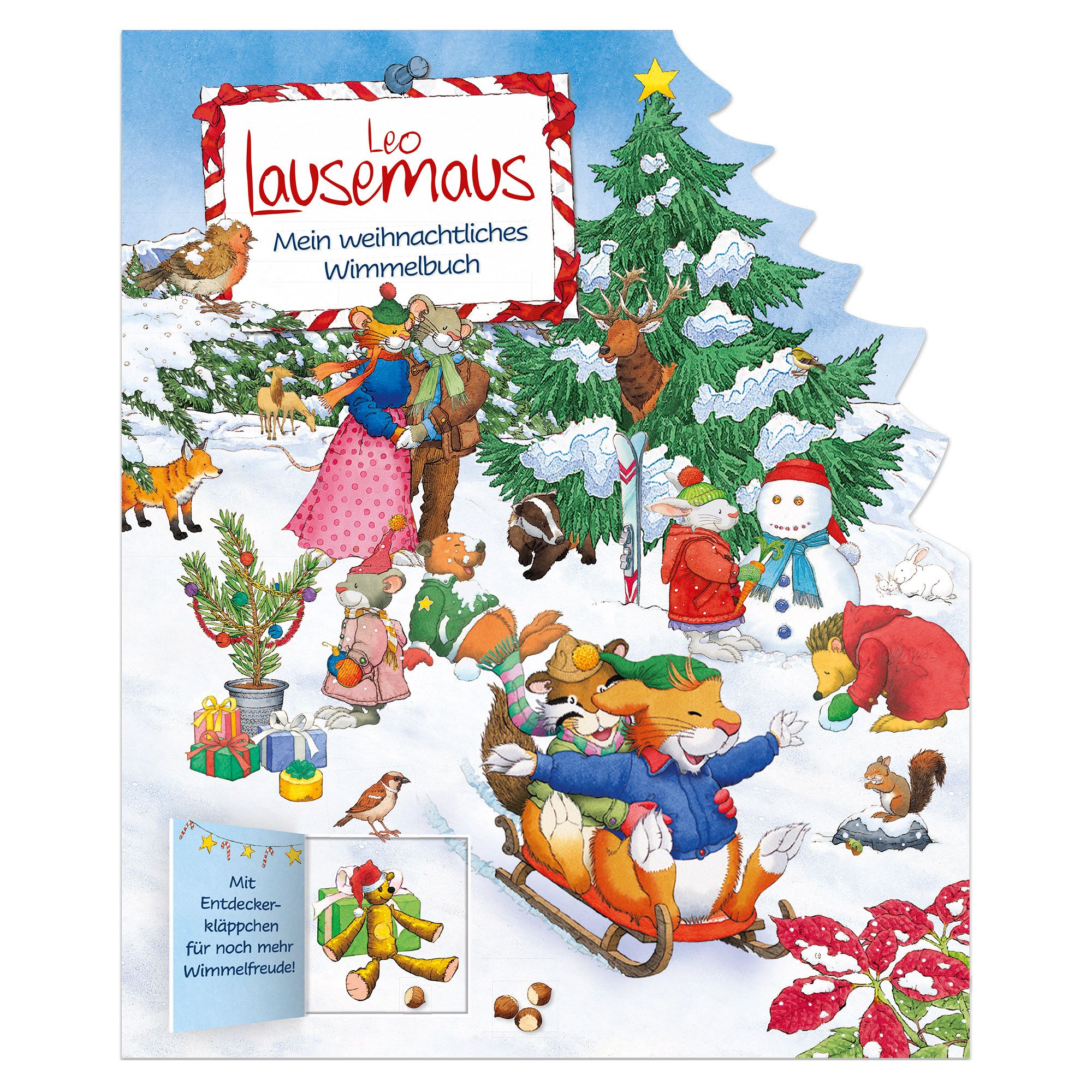 Buchcover mit Leo Lausemaus. Titel: Mein weihnachtliches Wimmelbuch. Illustrationen mit Tieren in Winterlandschaft.