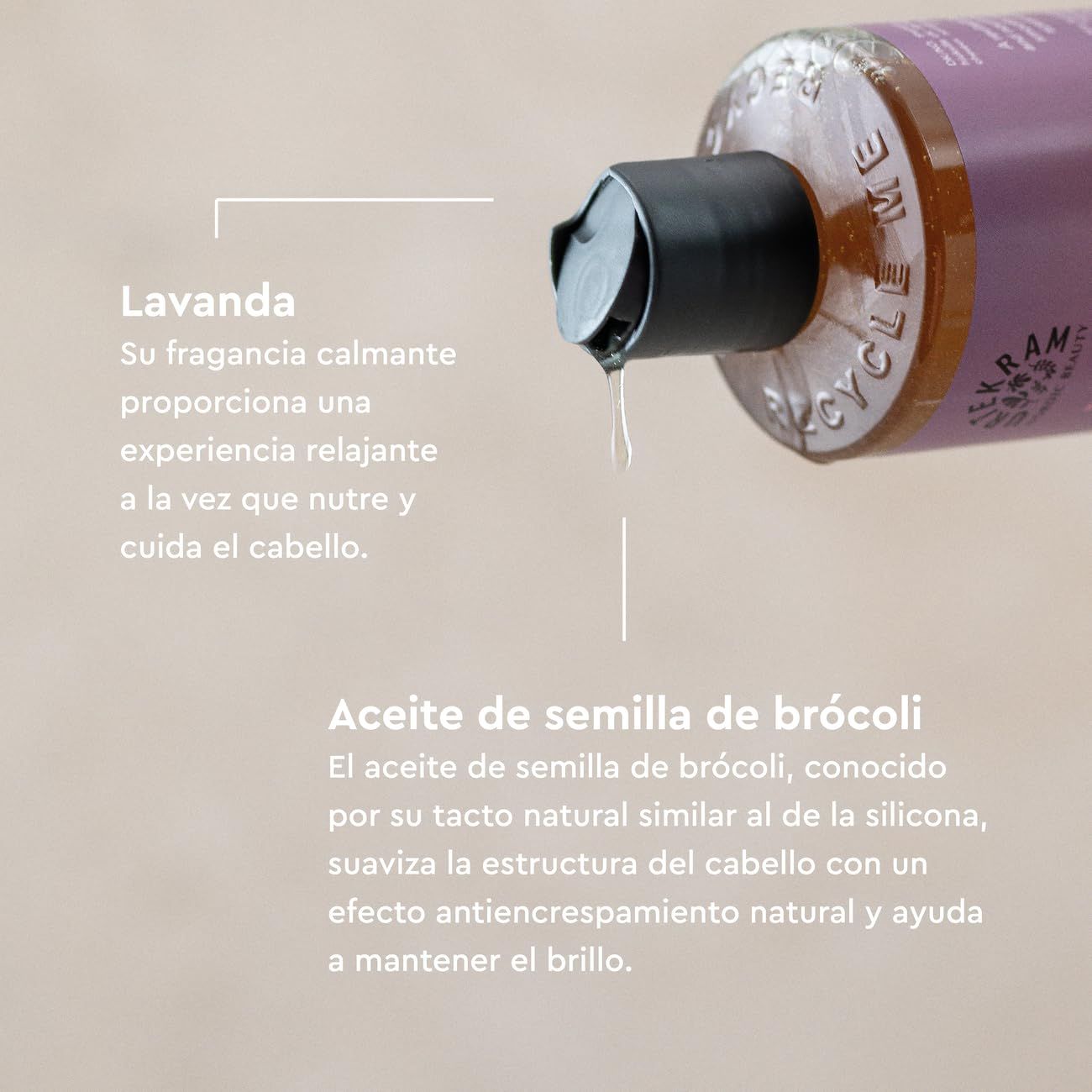 Flasche mit Produkt. Tropfen fließen aus dem Spender. Text: Lavanda, Aceite de semilla de brócoli.