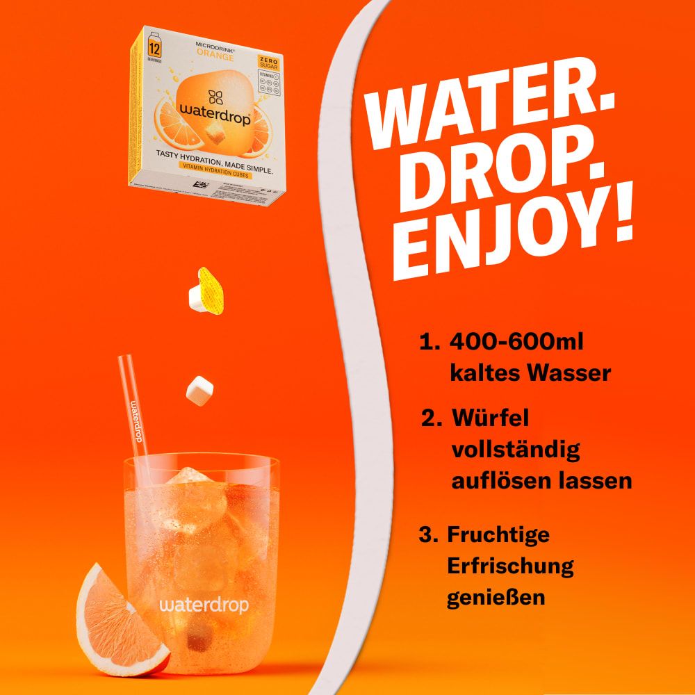 Glas mit Getränk, Würfeln und Grapefruit. Eine Schachtel waterdrop® Orange. Auf der Schachtel steht "12". Text: 1. 400-600ml kaltes Wasser. 2. Würfel vollständig auflösen lassen.