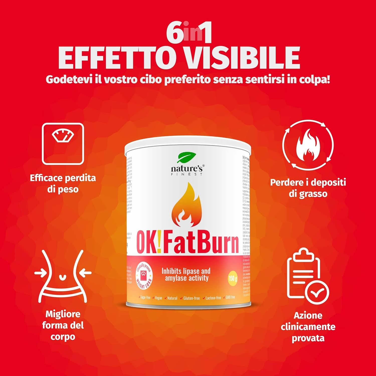 OK!FatBurn Dose, Nature's Finest. 6in1 Effekt. Symbole: Gewichtsverlust, Fettabbau, Körperform, klinisch bewiesen.