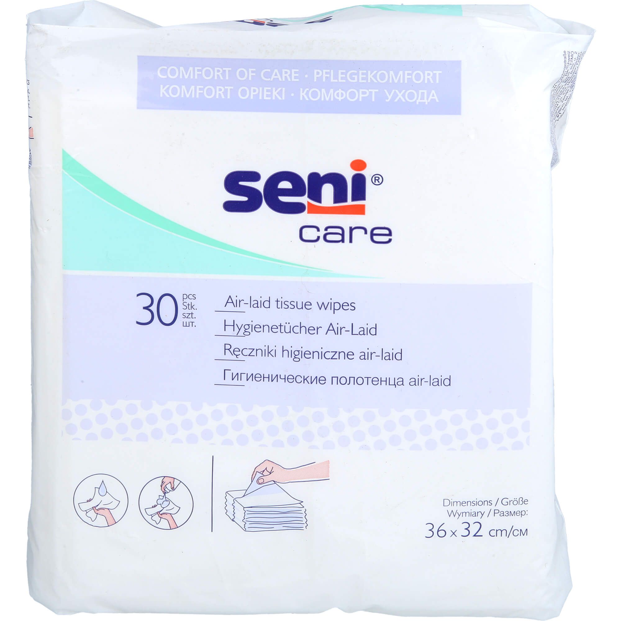 Weißes Seni Care Hygienetücher-Paket. Aufschrift: Seni Care, 30 Stück, Air-laid tissue wipes. Abmessungen: 36x32 cm.