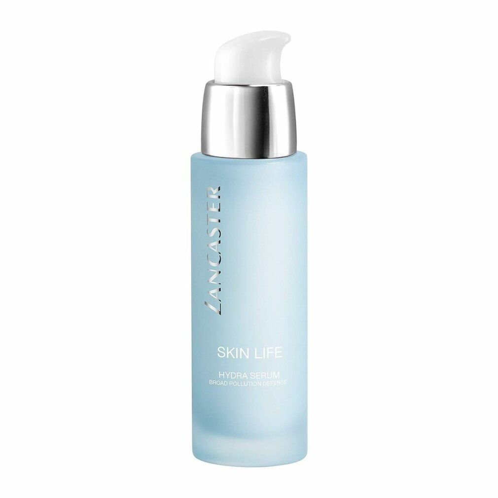 Hellblaues Serum mit silbernem Pumpkopf. Aufschrift: Lancaster, Skin Life Hydra Serum.