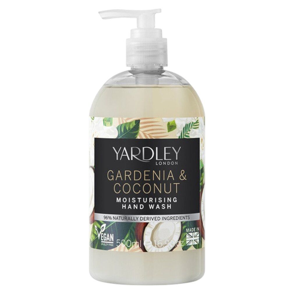 Handseife mit Pumpe. Schwarzes Etikett mit Text: GARDENIA & COCONUT. Kokosnuss- und Blätter-Illustrationen. Yardley London. Vegan.