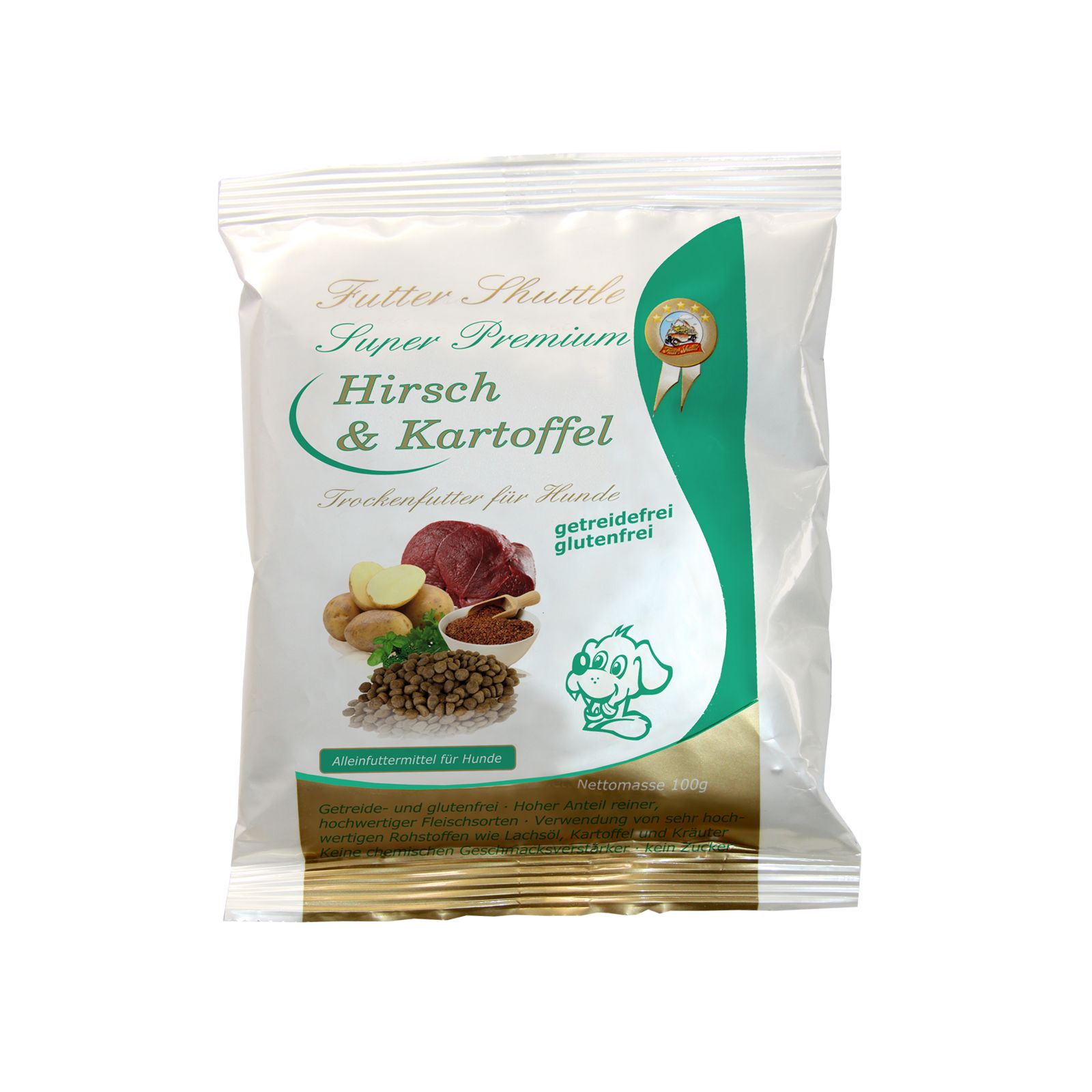 Verpackung Hunde-Trockenfutter mit Hirsch und Kartoffel. Text: getreidefrei, glutenfrei. Abbildung von Hirsch, Kartoffel und Futter.