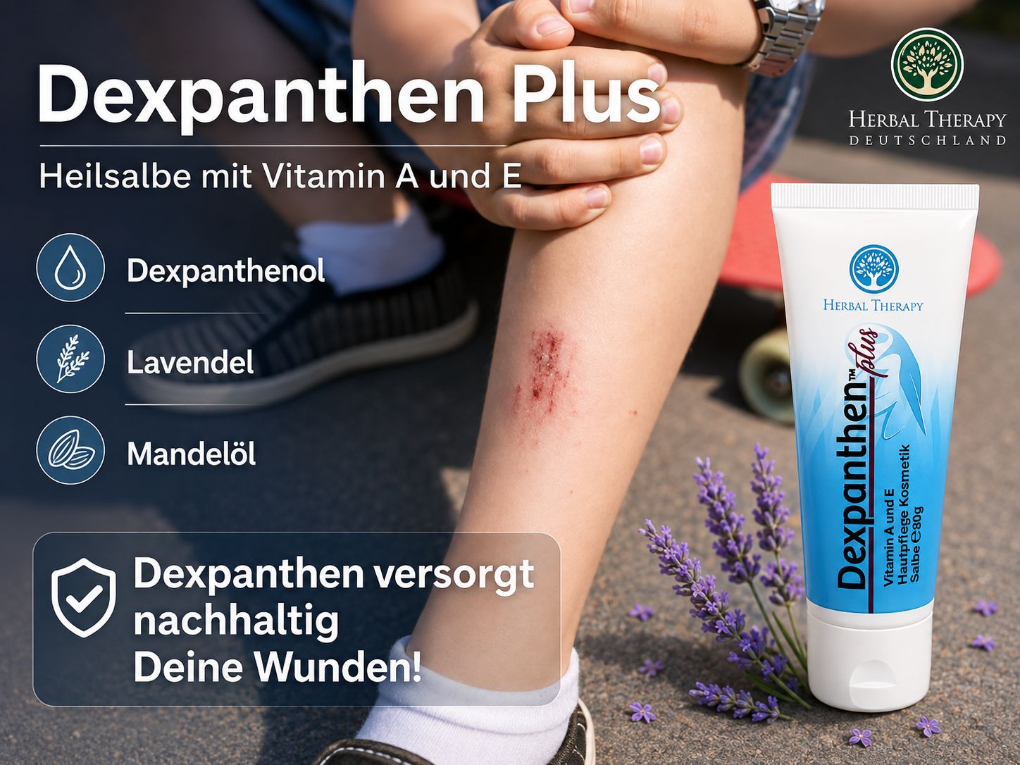 Anwendung von Dexpanthen Plus Salbe auf einer Wunde am Bein.