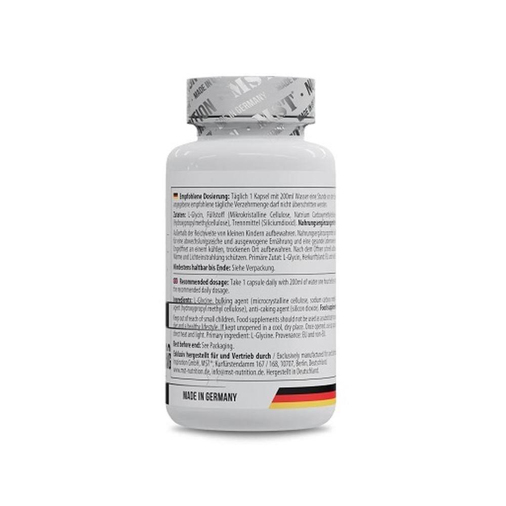 Rückseite der weißen Flasche mit MST L-Glycine. Text in Deutsch und Englisch. Hergestellt in Deutschland. Dosierung und Inhaltsstoffe.