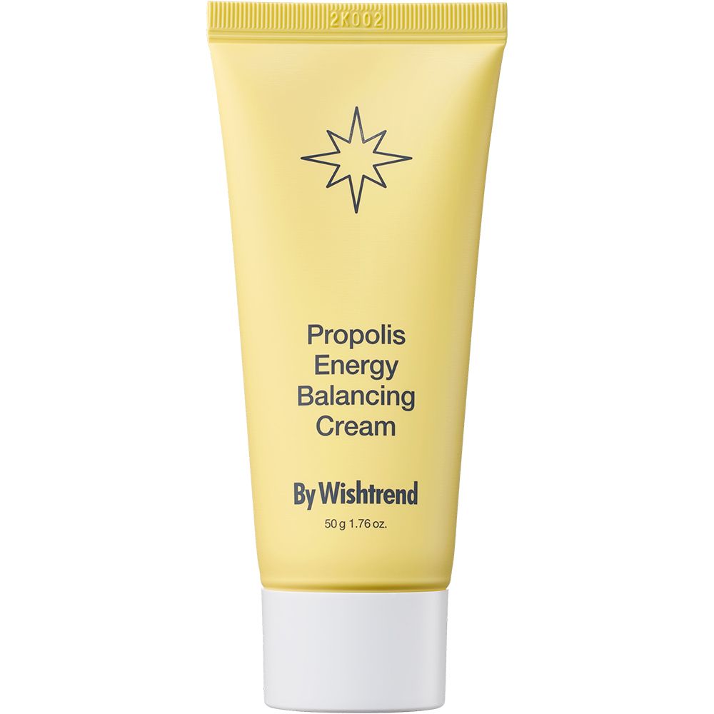 Gelbe Tube mit Produktaufschrift. Text: Propolis Energy Balancing Cream, By Wishtrend. 50g 1.76 oz. Oben Stern-Symbol.