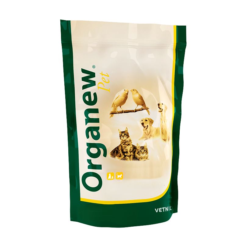Verpackung mit Produktabbildungen von Hunden, Katzen und Vögeln. Aufschrift Organew Pet und VETNIL.