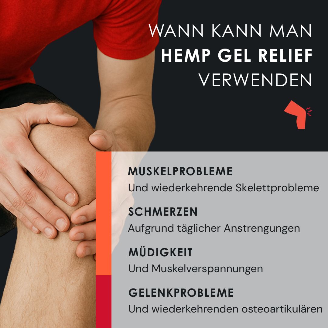 Vergleich von HEMP GEL RELIEF und einem schwarzen Behälter. Text: Dermatologisch getestet, 100% natürliche Inhaltsstoffe.