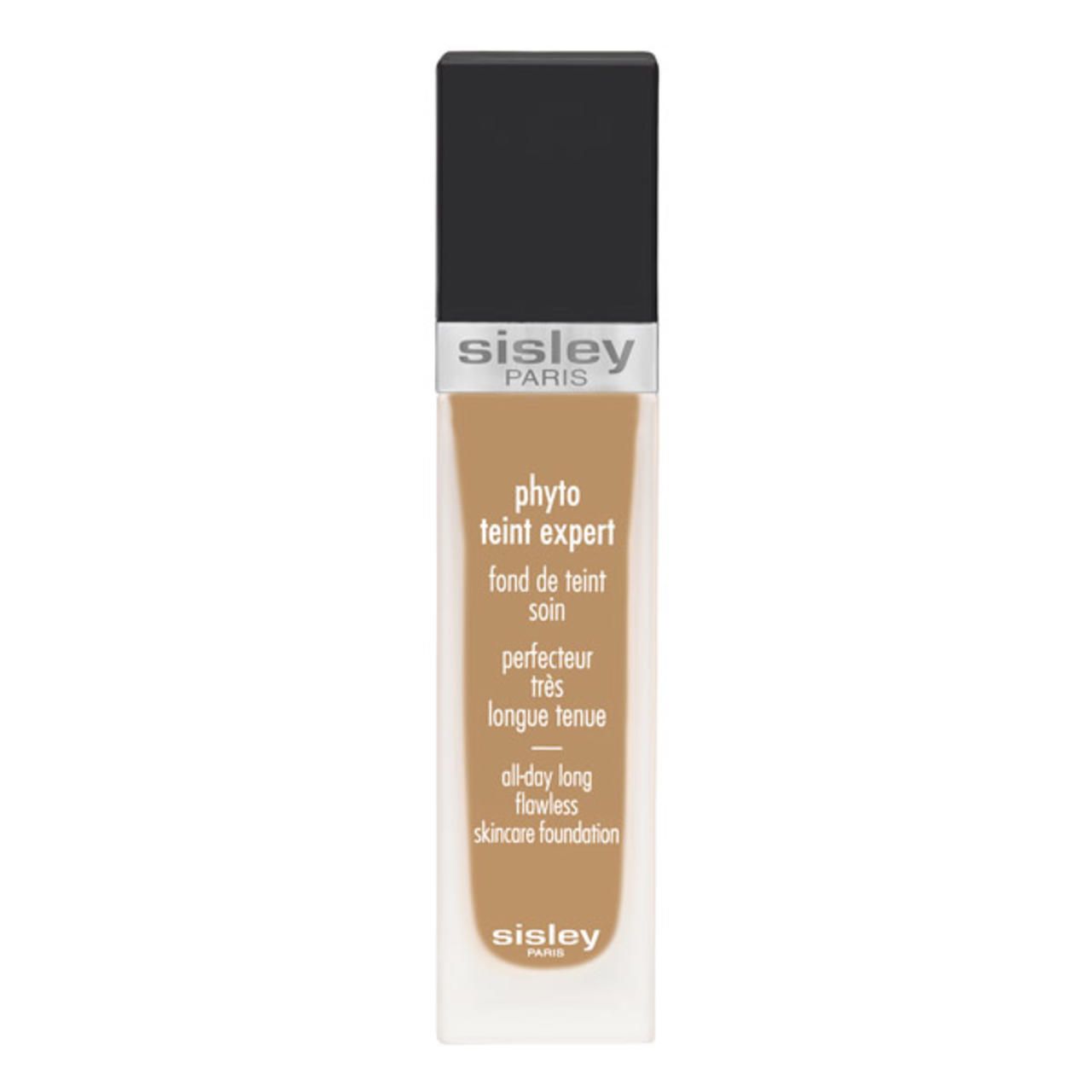 Sisley Phyto-Teint Expert Foundation. Flasche mit schwarzem Deckel. Text: 'all-day long flawless skincare foundation'.