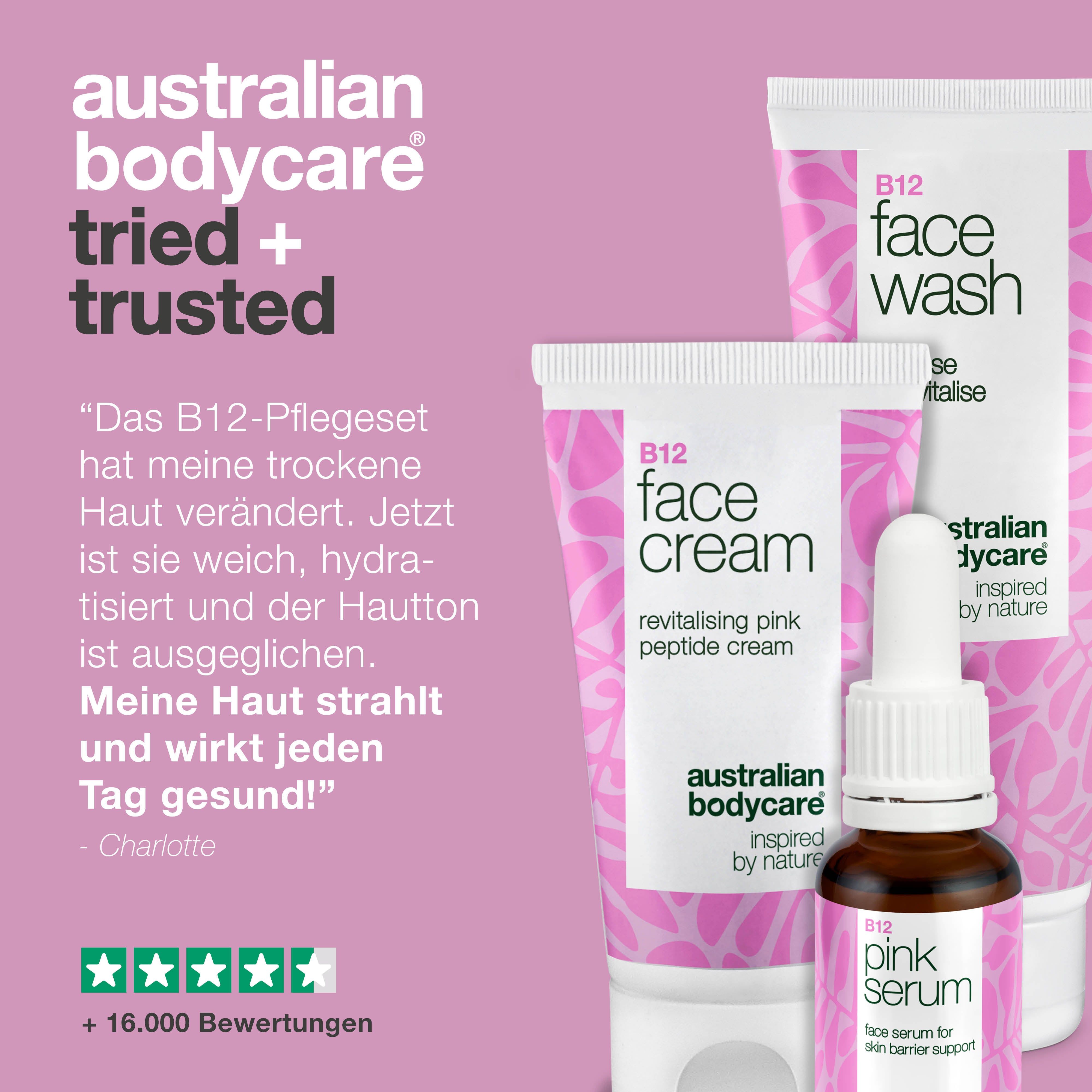 B12-Produkte: Face Wash, Face Cream und Pink Serum. Zitat: 'Meine Haut strahlt jeden Tag gesund!'