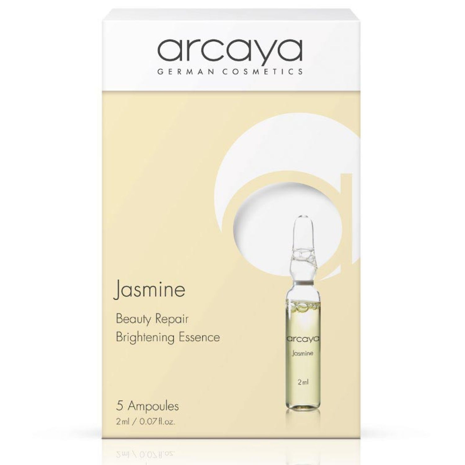 Verpackung mit 5 Ampullen. Aufschrift: arcaya, Jasmine, Beauty Repair, Brightening Essence. Eine Ampulle ist sichtbar.