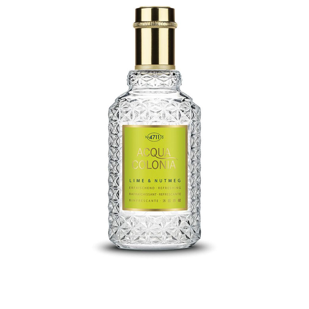 Klarer Flakon mit goldfarbenem Verschluss. Grün-gelbes Etikett mit Schriftzug 'Acqua Colonia Lime & Nutmeg'.