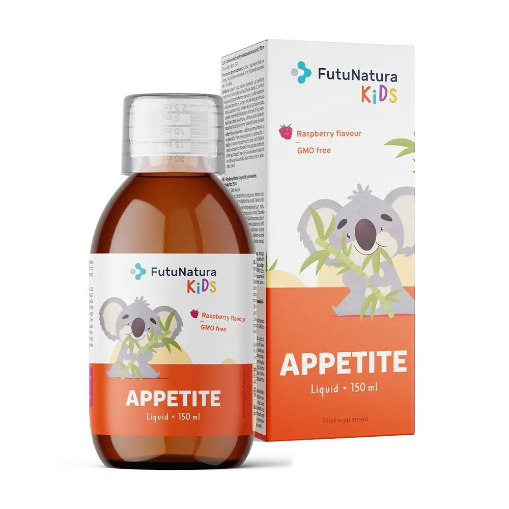 Flasche und Verpackung mit Etikett. Aufschrift: FutuNatura Kids, Appetit, Himbeergeschmack, GMO-frei. Abbildung eines Koalas.