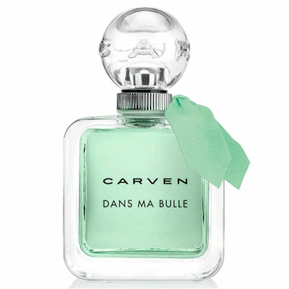 Quadratischer Flakon mit grünlicher Flüssigkeit. Aufschrift: CARVEN DANS MA BULLE. Transparenter Verschluss mit Schriftzug. Mintfarbenes Band.
