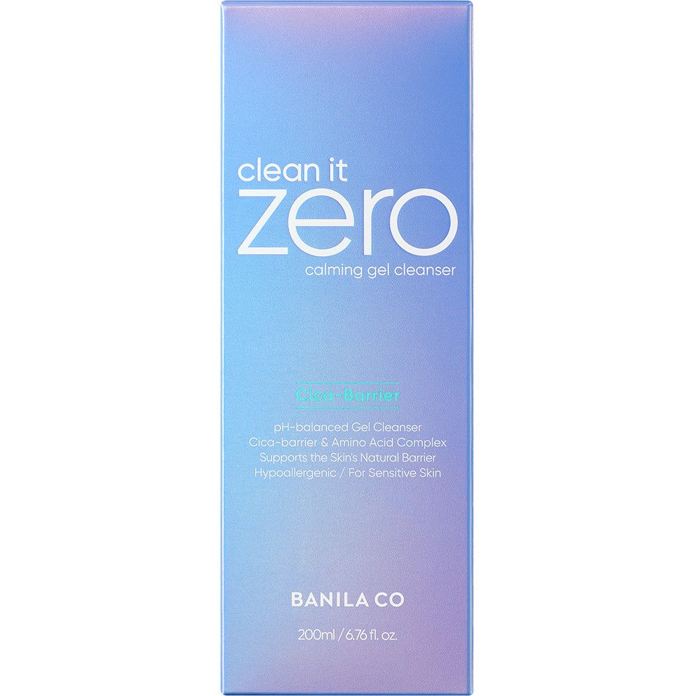 Schachtel mit Aufschrift: Clean it Zero, Calming Gel Cleanser. Enthält Informationen über das Produkt.