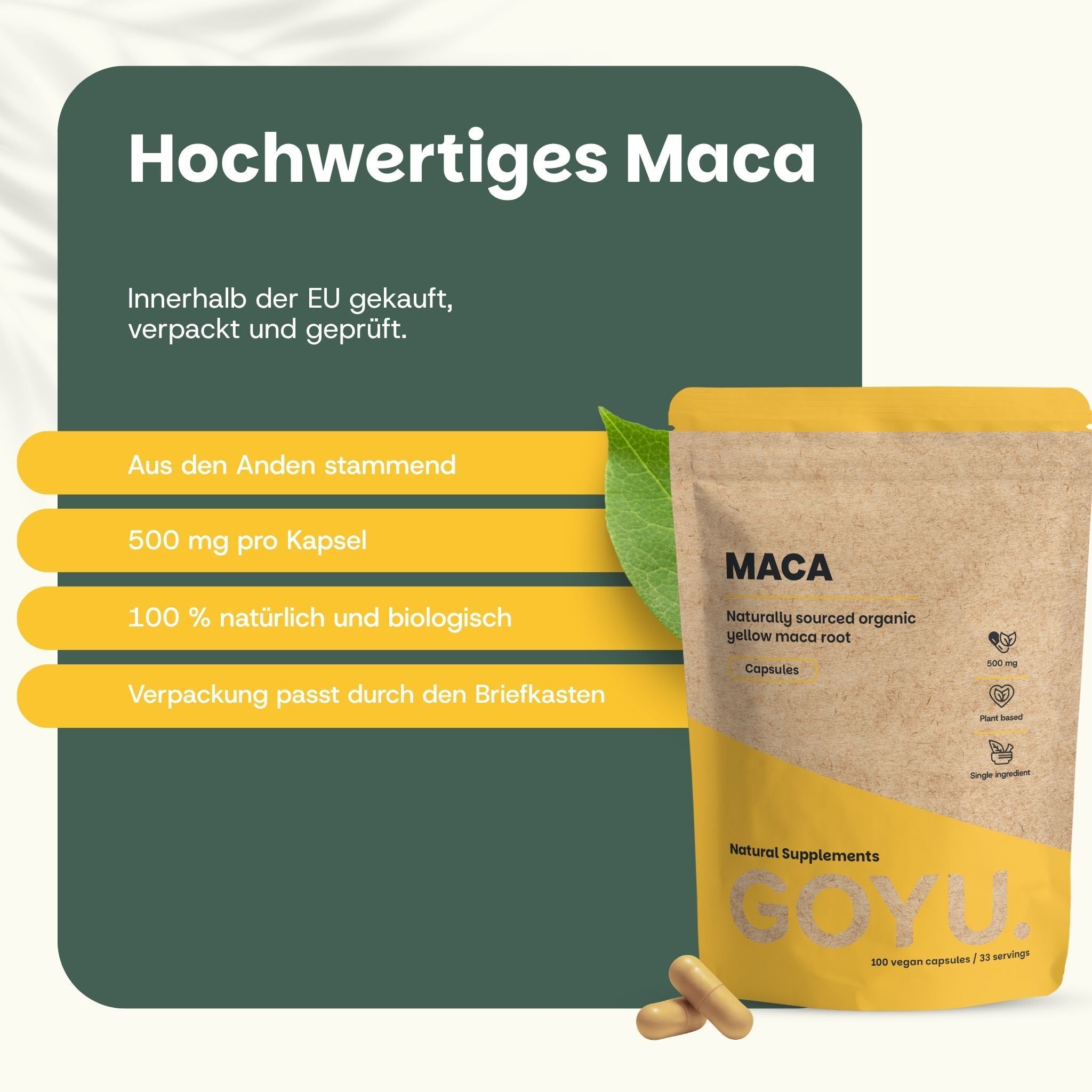 Ein Beutel Maca-Kapseln neben Text über Herkunft, 500mg, Bio und Briefkastentauglichkeit. EU-Siegel sichtbar.