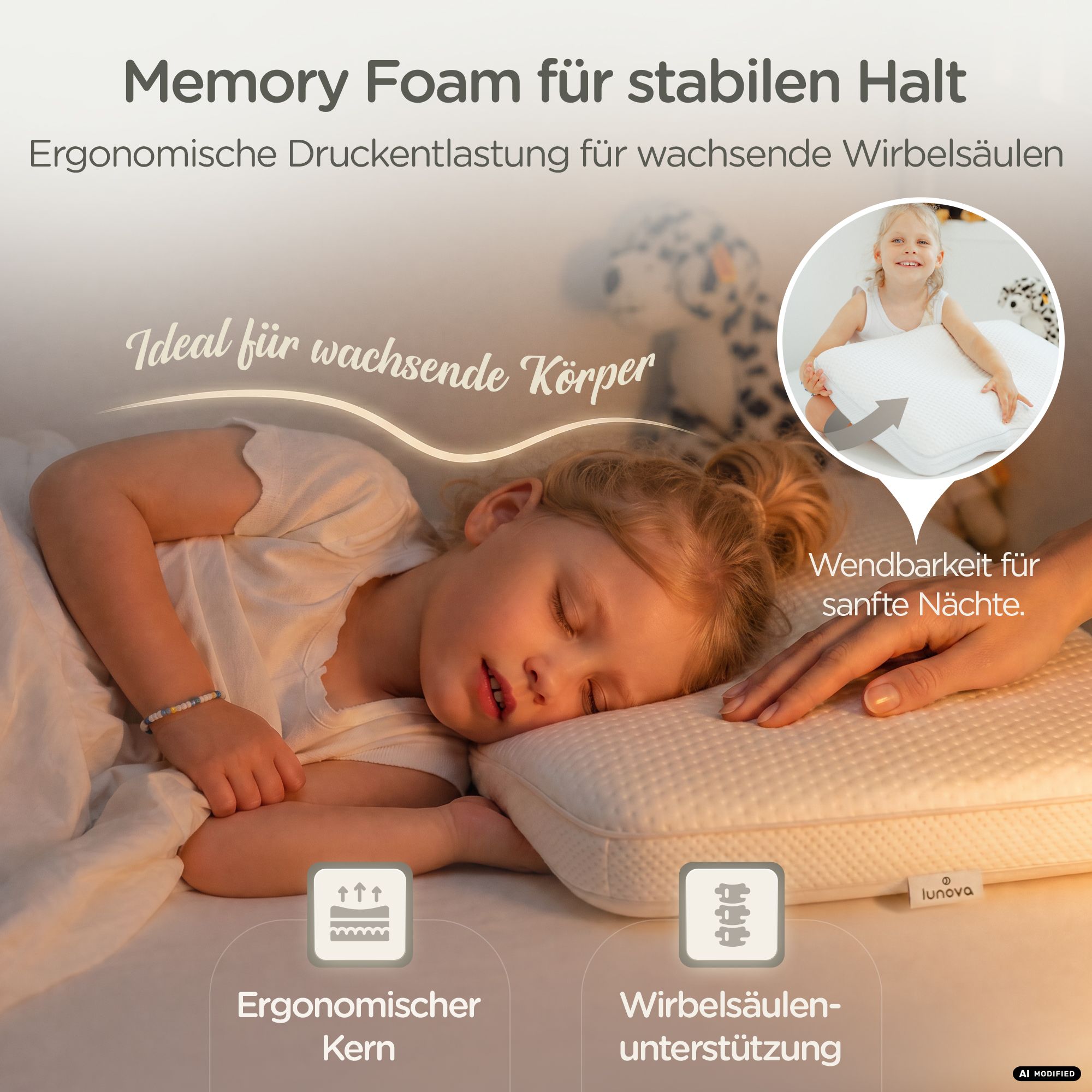 Kind schläft auf Lunova Kissen; Memory Foam Kern für Wirbelsäulenunterstützung.
