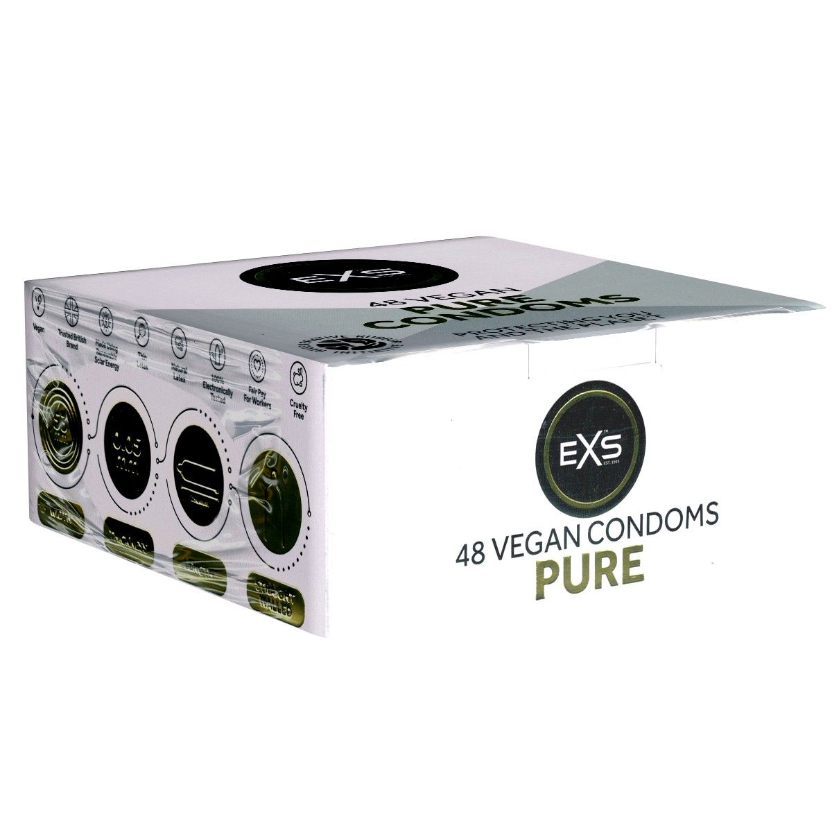 Verpackung mit EXS Pure Logo. Text: 48 Vegan Condoms. Schwarzes Logo auf weißem Hintergrund.