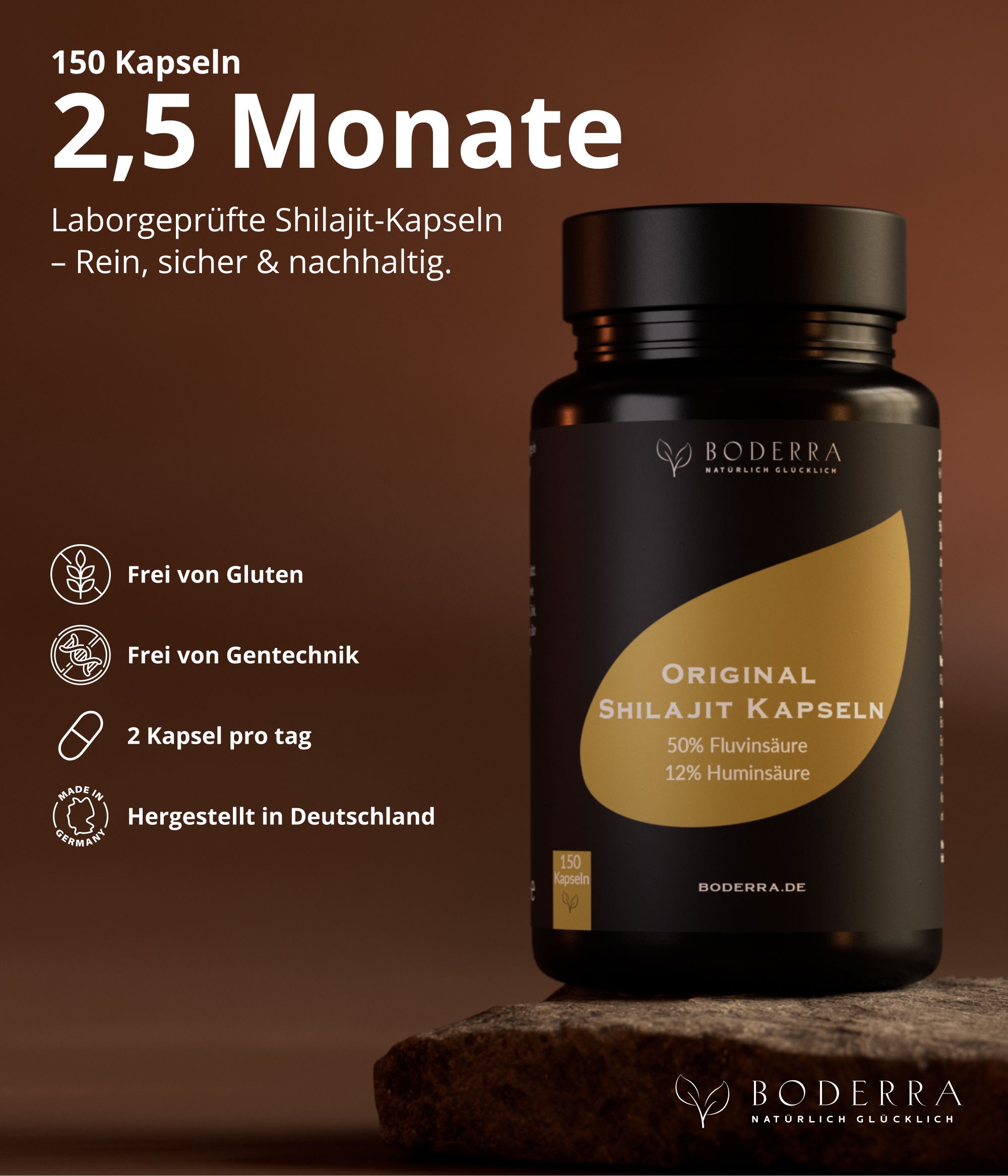Shilajit 150 Kapseln - 50:1 Extrakt - 50% Fulvin- & 12% Huminsäure - laborgeprüft - BODERRA